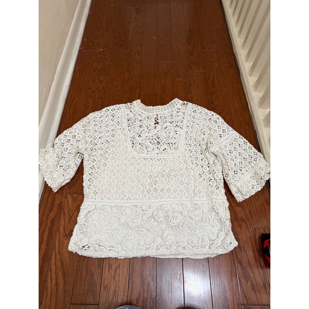 Sundance White Cotton Lace Boho Blouse‎ Square Neck Half Sleeve Top Large